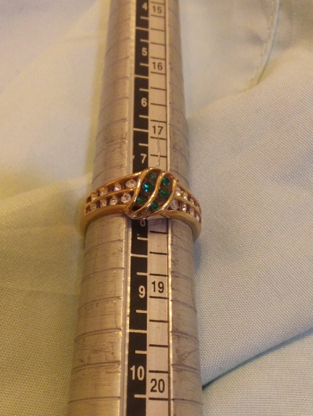 Gold-Tone Ring with Green Stones and Clear Accents